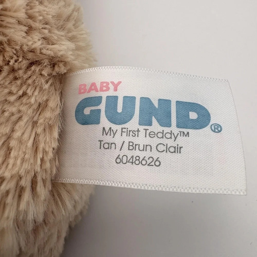 Baby GUND My First Teddy Bear Small Plush Stuffed Toy Tan Satin Feet Embroidered